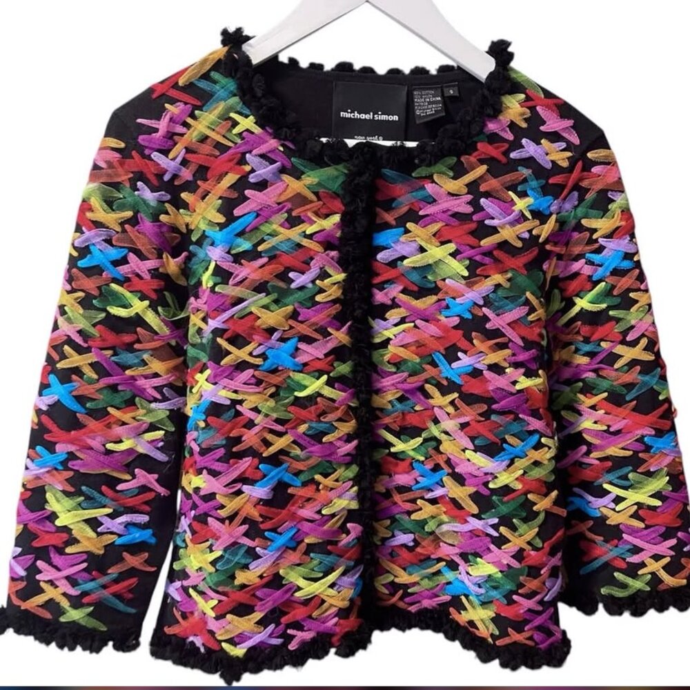 Michael Simon Vtg Art to Wear Ribbon Festive Holiday Cardigan Sweater size S